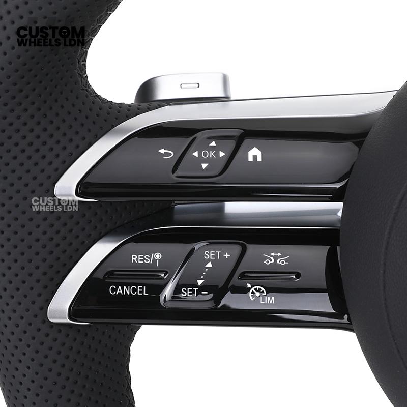 Mercedes Custom W223 AMG Flat Bottom Steering Wheel – Carbon Top & Bottom, Perforated Leather Grip, Gloss Black Trim, Touch Control Buttons | Fits C63, E63, S63, GLE, GLS, S-Class W223 + more | Plug & Play | With Airbag | Retrofit Upgrade for Older Models