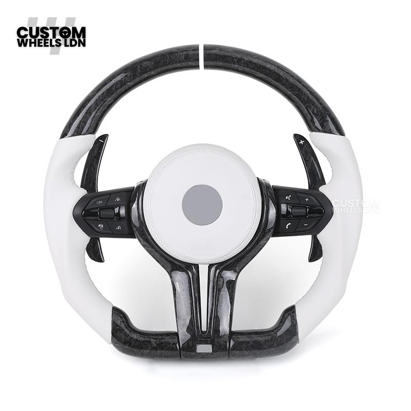 BMW Forged Carbon & White Leather Steering Wheel | Paddle Shifters | M Badge | Flat Bottom | Fits 1 2 3 4 5 Series (F & E Series) + more | Complete Plug & Play