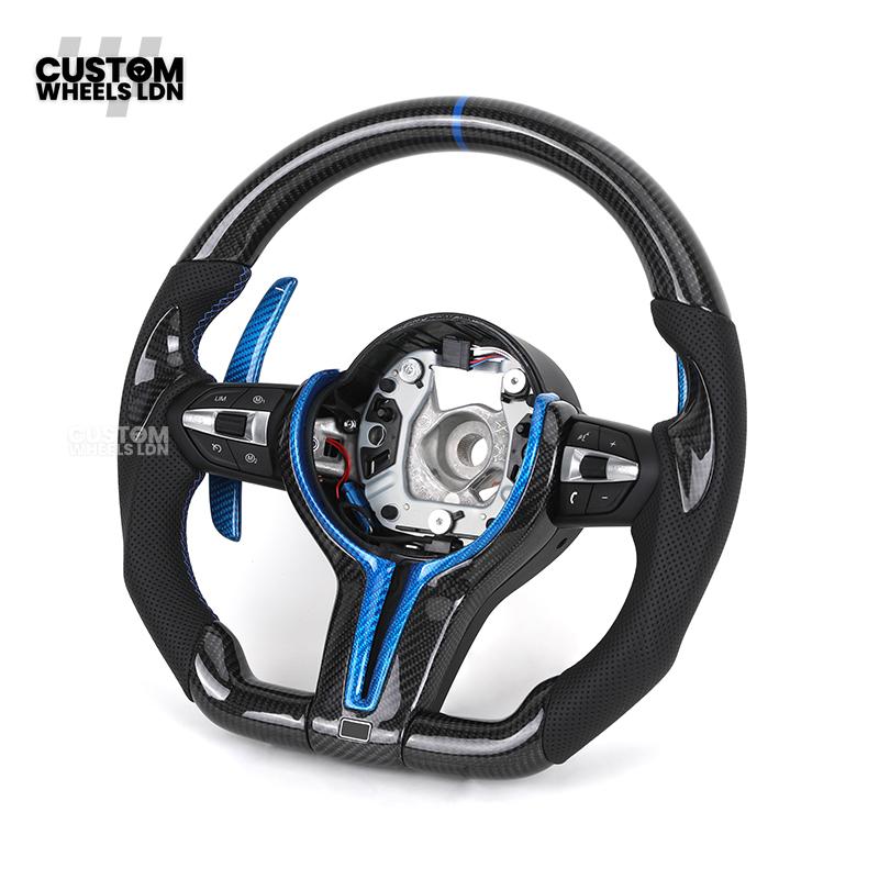 BMW Custom Carbon Fibre Steering Wheel – Blue Trim & Paddles | M Performance | Perforated Leather | Plug & Play | Fits F20, F22, F30, F32, F36, M2, M3, M4, X1, X2 + more