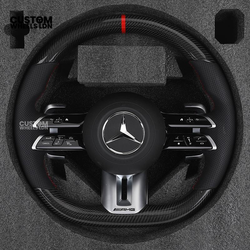Mercedes Custom W223 AMG Flat Bottom Steering Wheel – Carbon Top & Bottom, Red Center Stripe, Perforated Grips, Silver Paddles, Touch Control Buttons | Fits C63, E63, S63, GLE, GLS, W223 + more | Plug & Play | With Airbag | Retrofit Upgrade for Older Mode