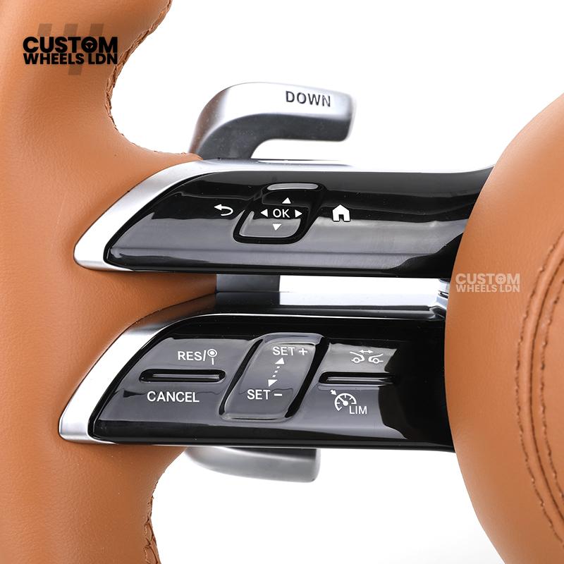 Mercedes Custom AMG Flat Bottom Steering Wheel – Brown Leather & Carbon Fibre, Tan Centre Stripe, Gloss Black Trim, Touch Control Buttons, Silver Paddles | Fits C-Class, E-Class, CLS, GLC, GLE, G-Class + more | Plug & Play | With Airbag | Retrofit Upgrade