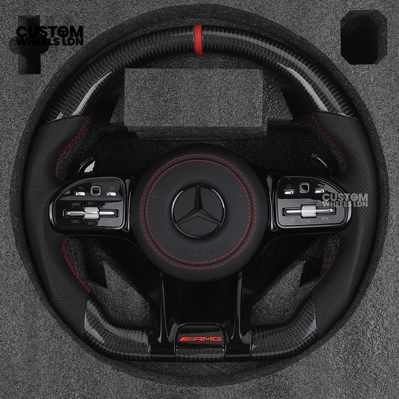 Mercedes Custom Steering Wheel | AMG Style Carbon with Red Stitching & Stripe | Black Trim + Red AMG Badge | Complete Retrofit for Older Models | Fits W205 W204 W212 W213 W218 W207 + more