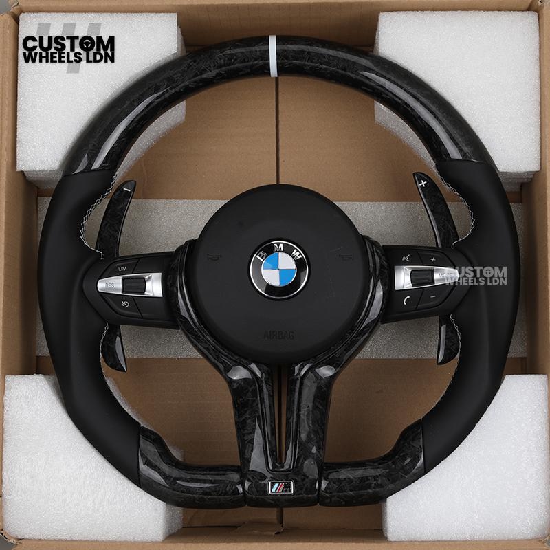 BMW Custom Forged Carbon Steering Wheel with Perforated Leather & White Racing Stripe | Plug & Play | Complete Wheel | Fits F20 F21 F22 F23 F30 F31 F32 F33 F36 F80 F87 E82 E88 E90 E92 E93 + More