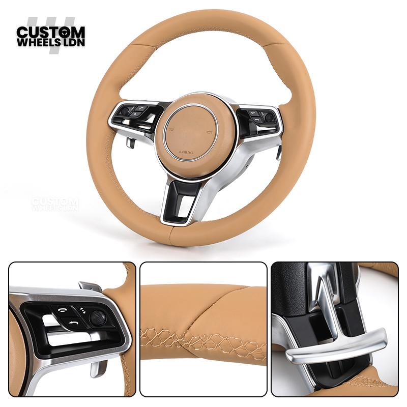 Porsche Custom Steering Wheel – Beige Leather with Chrome Trim | Fits 997, 991, Panamera, Cayenne, Cayman (2000+ Plug & Play)