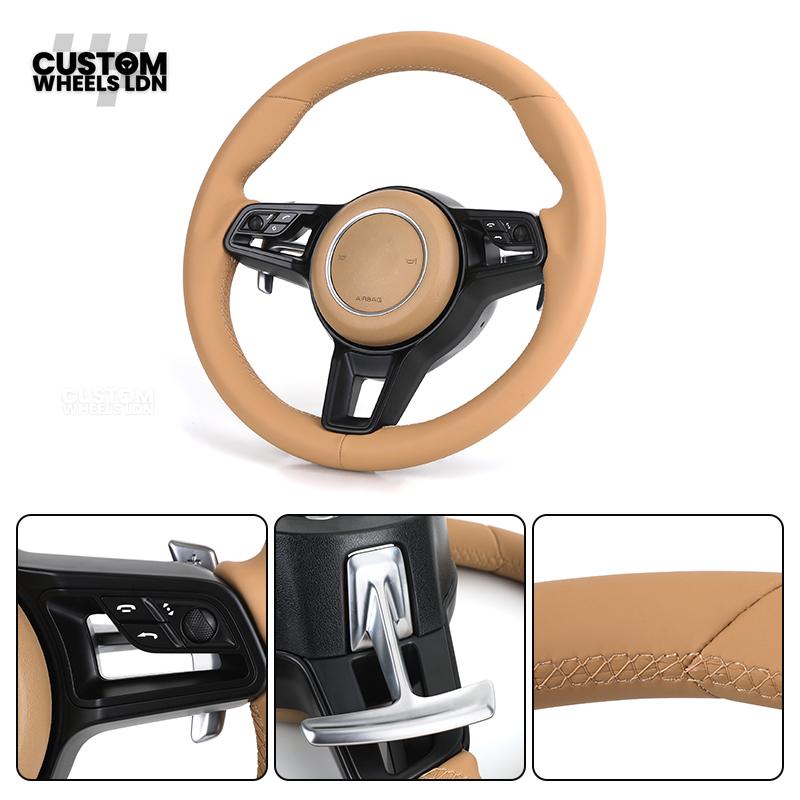 Porsche Custom Steering Wheel – Full Beige Leather with Black Trim | Fits 997, 991, Panamera, Cayenne (2000+ Plug & Play)