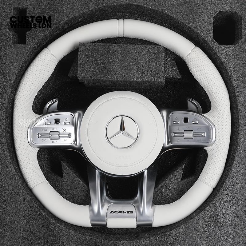 Mercedes Custom AMG Flat Bottom Steering Wheel – White Leather, Perforated Sides, Silver AMG Trim, Touch Buttons & Silver Paddles | Fits W205 C-Class, W213 E-Class, GLC, GLE, CLS + more | Plug & Play | Airbag | Retrofit Upgrade for Older Model Available