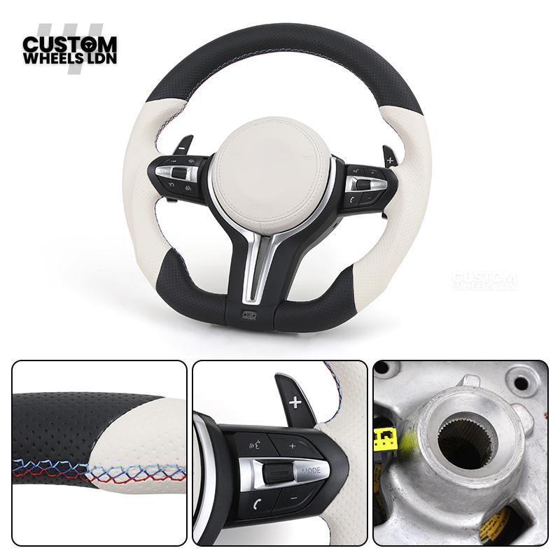 BMW Custom Flat Bottom Steering Wheel – White & Black Perforated Leather with M-Stitching | Fits F20 F22 F30 F32 F36 F10 F06 F13 X1 X3 X4 X5 X6 + More