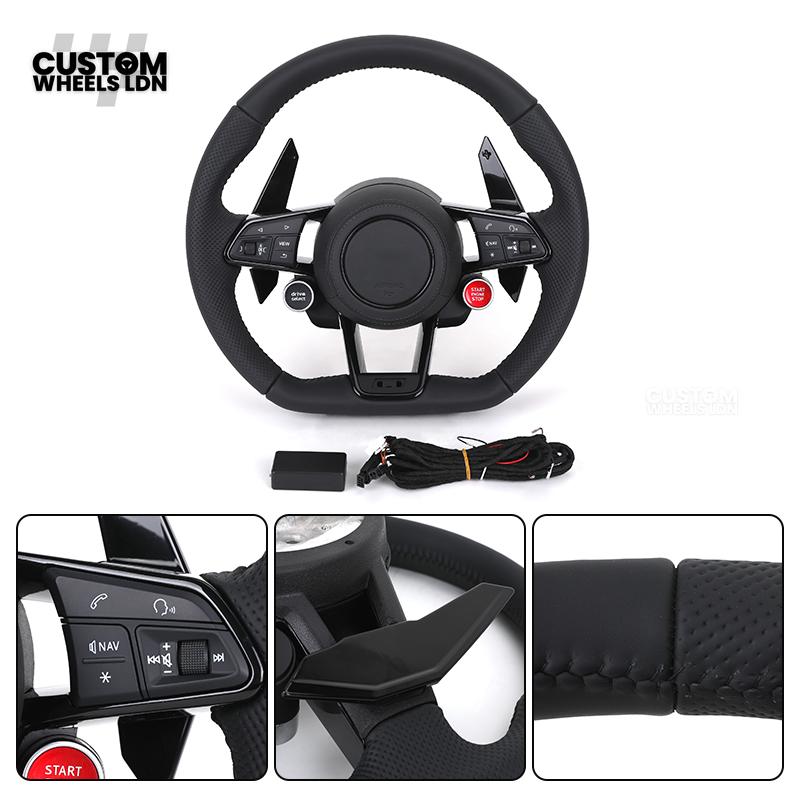 Audi Custom R8-Style Flat Bottom Steering Wheel – Black Leather, Black Stitching, Gloss Black Paddles, Start Button | Fits A4, A5, S5, A6, A7, S6, S7, Q5, SQ5 + more | Plug & Play | With Airbag | Upgrade for Older Models Available