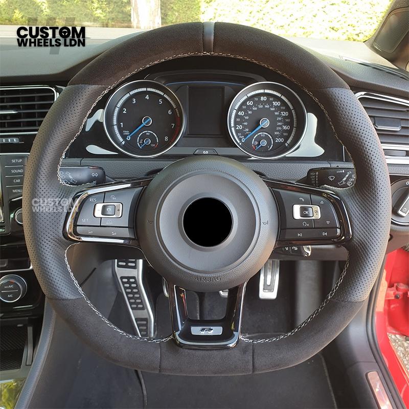 Volkswagen Custom Steering Wheel – Alcantara & Perforated Leather, Blue Centre Stripe, Flat Bottom, OEM Buttons | Fits Golf GTI, R, Polo, Passat + more | Plug & Play Retrofit Upgrade
