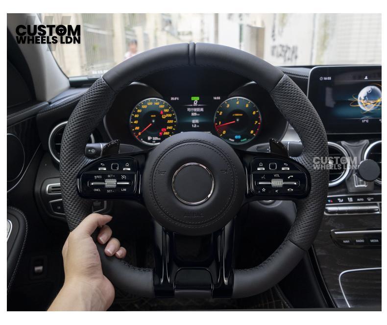 rcedes Custom AMG Flat Bottom Steering Wheel – Full Black Leather, Piano Black Trim, Touch Control Buttons, AMG Badge | Fits C-Class, E-Class, CLS, GLC, GLE, G-Class + more | Plug & Play | Retrofit Upgrade for Older Models