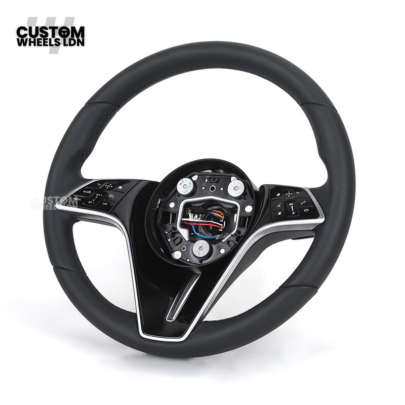 Mercedes Custom W223 Flat Bottom Steering Wheel – Smooth Black Leather, Gloss Black Trim, Touch Control Buttons | Fits S-Class W223, GLE, GLS, E-Class W213 Facelift + more | Plug & Play | With Airbag | Retrofit Upgrade for Older Models Available