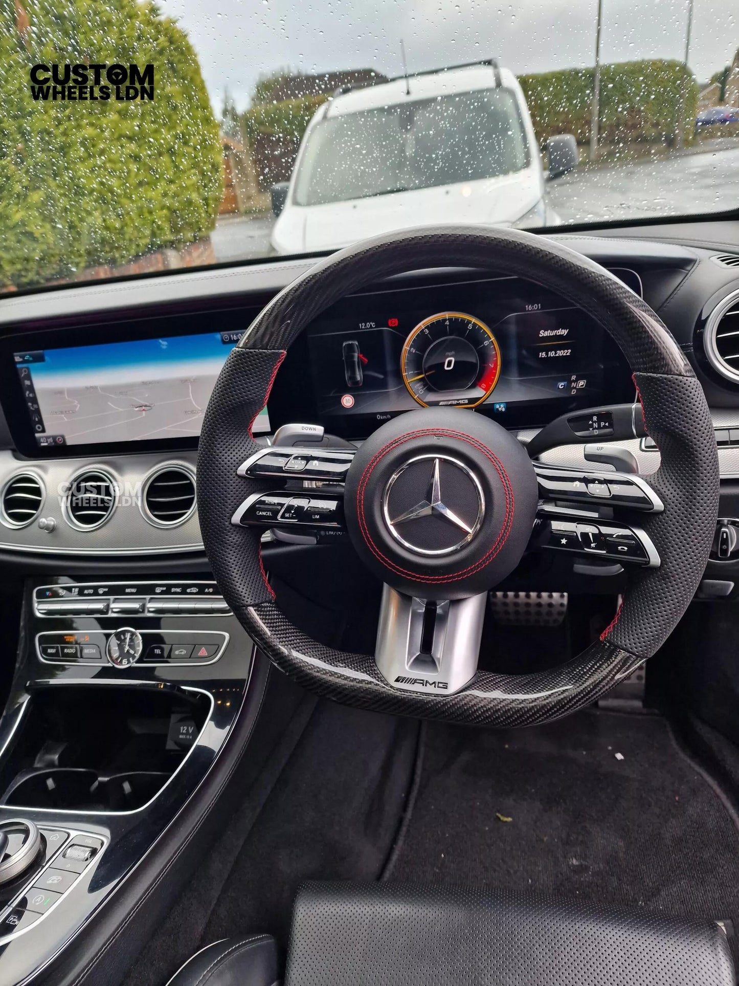 Mercedes Custom W223 AMG Flat Bottom Steering Wheel – Carbon Top & Bottom, Perforated Leather Grip, Gloss Black Trim, Touch Control Buttons | Fits C63, E63, S63, GLE, GLS, S-Class W223 + more | Plug & Play | With Airbag | Retrofit Upgrade for Older Models
