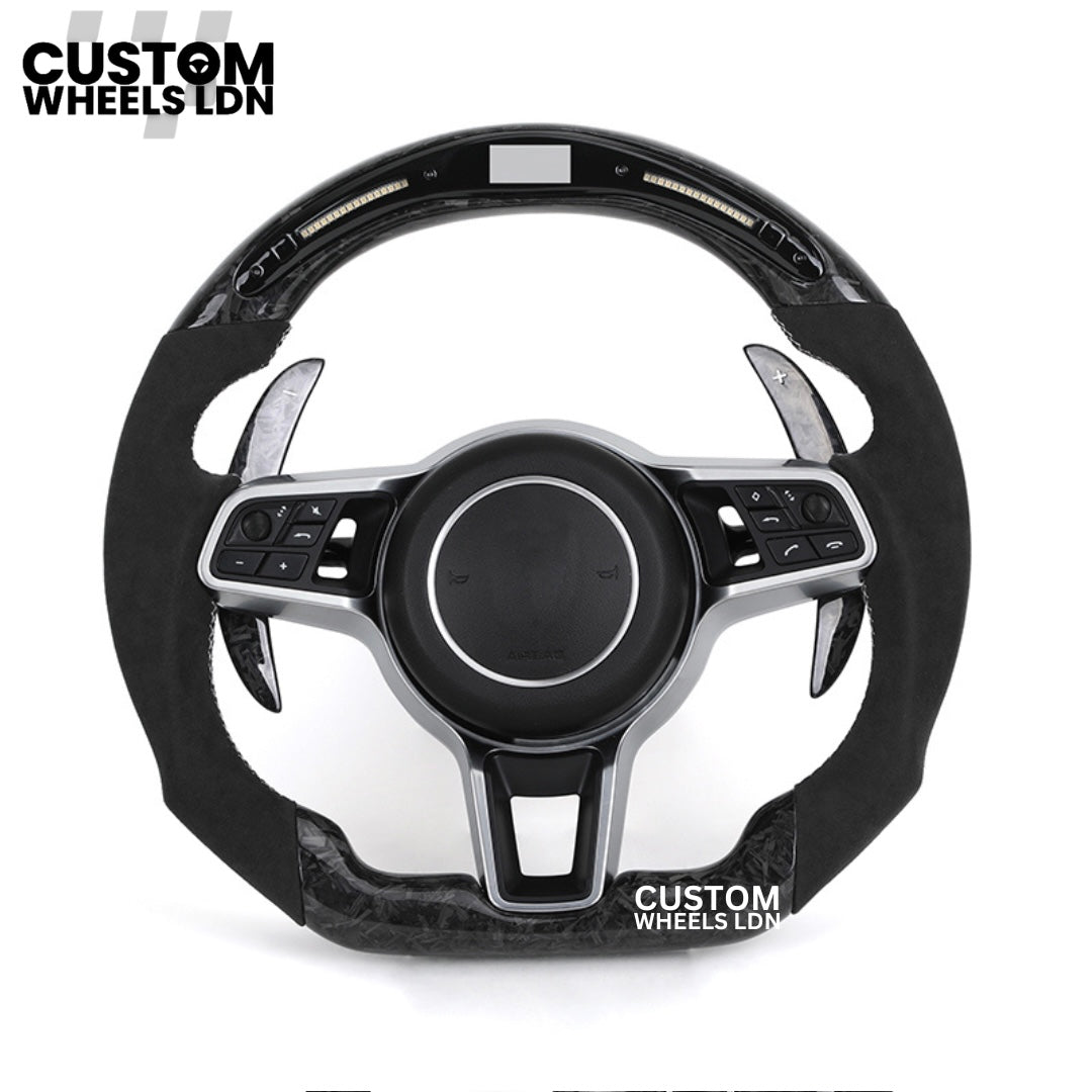 Porsche Custom LED-Lenkrad aus geschmiedetem Carbon mit abgeflachter Unterseite – passend für die meisten Modelle: 911, Cayenne, Panamera, Macan, Boxter, Taycan und mehr)