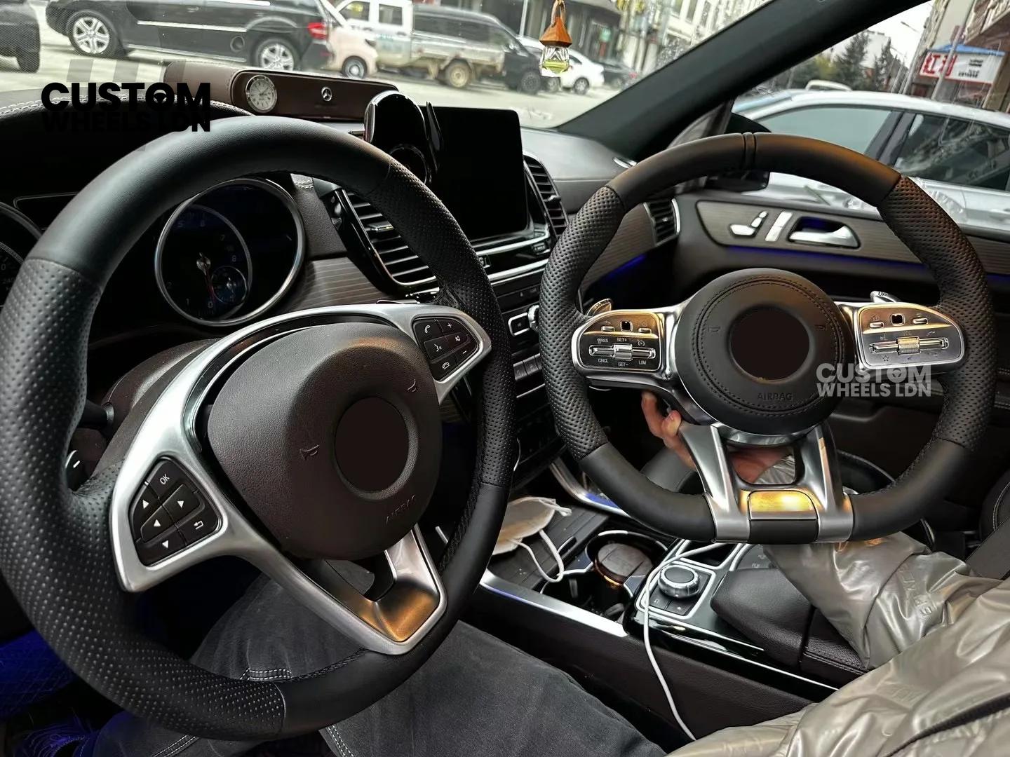 Mercedes Custom AMG Flat Bottom Steering Wheel – Full Black Leather, Black Stripe, Silver Trim, Touch Control Buttons, Silver Paddles, AMG Badge | Fits C-Class, E-Class, CLS, GLC, GLE, G-Class + more | Plug & Play | Retrofit Upgrade for Older Models