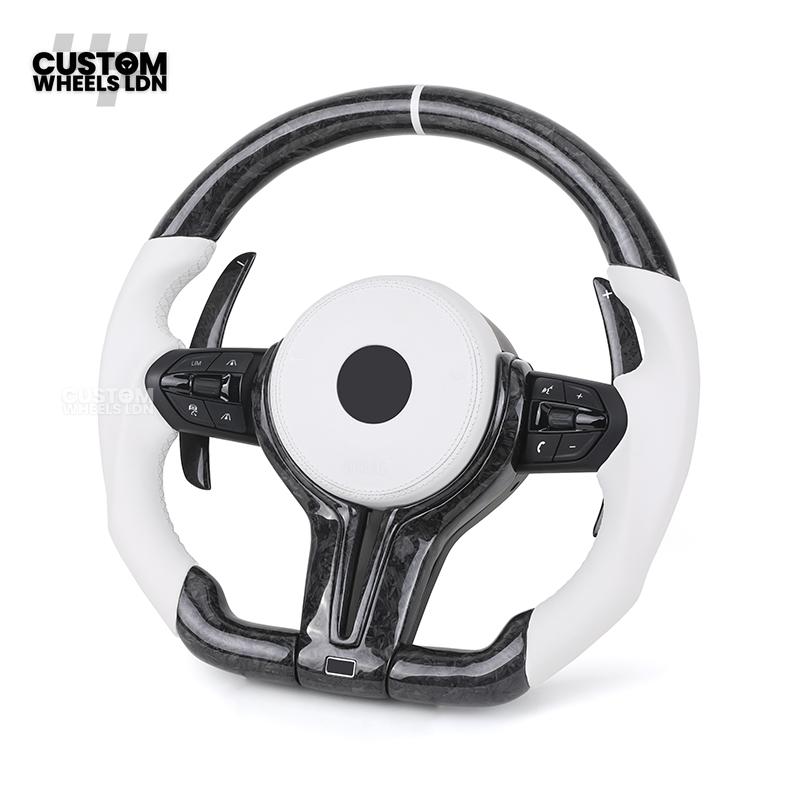 BMW Forged Carbon & White Leather Steering Wheel | Paddle Shifters | M Badge | Flat Bottom | Fits 1 2 3 4 5 Series (F & E Series) + more | Complete Plug & Play