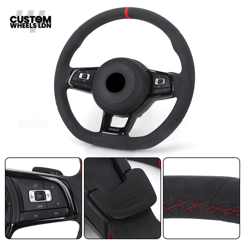 VW MK7 Custom Steering Wheel | Alcantara Wrap, Red Centre Stripe, Full Plug & Play Complete Wheel | Fits Golf MK7, GTI, R + more