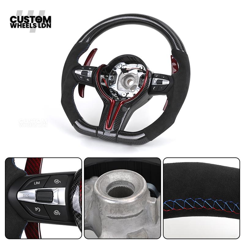BMW Custom Carbon Fibre Steering Wheel – Red Paddle Set | Alcantara Sides | Track Style | Plug & Play | Fits F20, F22, F30, F32, F36, M2, M3, M4 + more