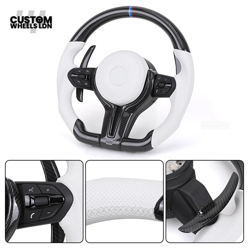 BMW Custom Carbon Fibre Steering Wheel – White Perforated Leather | M-Stripe Marker | Plug & Play | Fits older models