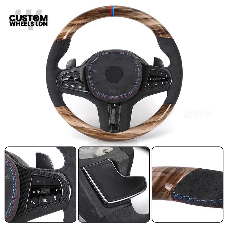 BMW Custom G-Series Steering Wheel – Gloss Wood Carbon, Flat Bottom, Alcantara Airbag – Fits G20 G21 G22 G30 G15 G05 G07 + more
