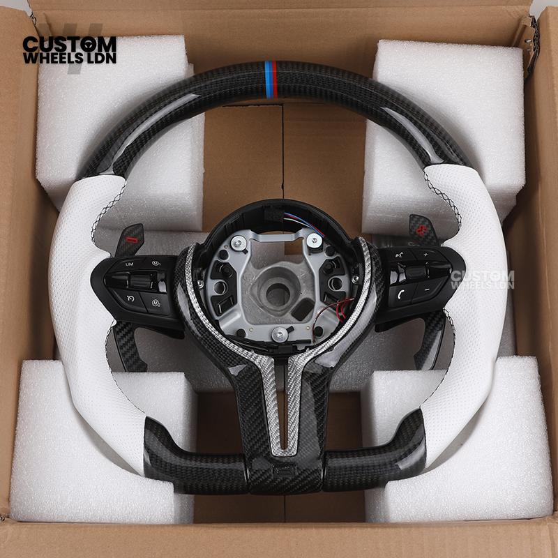 BMW Custom Carbon Fibre Steering Wheel – White Perforated Leather | M-Stripe Marker, Magnetic Paddle Shifter's | Plug & Play | Fits older models