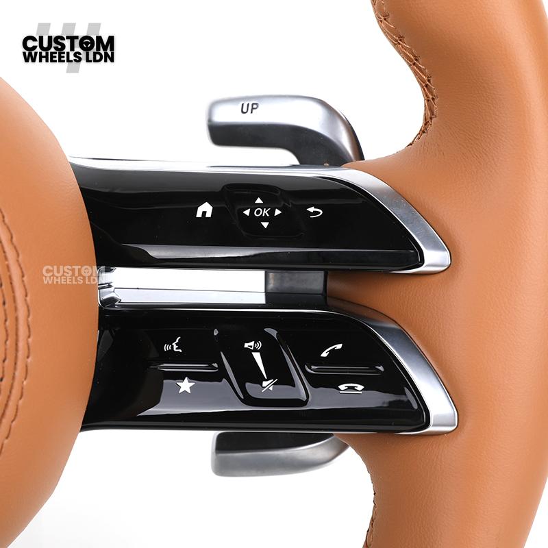 Mercedes Custom AMG Flat Bottom Steering Wheel – Brown Leather & Carbon Fibre, Tan Centre Stripe, Gloss Black Trim, Touch Control Buttons, Silver Paddles | Fits C-Class, E-Class, CLS, GLC, GLE, G-Class + more | Plug & Play | With Airbag | Retrofit Upgrade