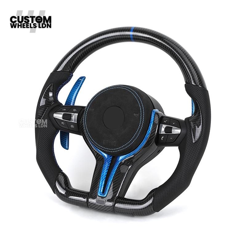 BMW Custom Carbon Fibre Steering Wheel – Blue Trim & Paddles | M Performance | Perforated Leather | Plug & Play | Fits F20, F22, F30, F32, F36, M2, M3, M4, X1, X2 + more