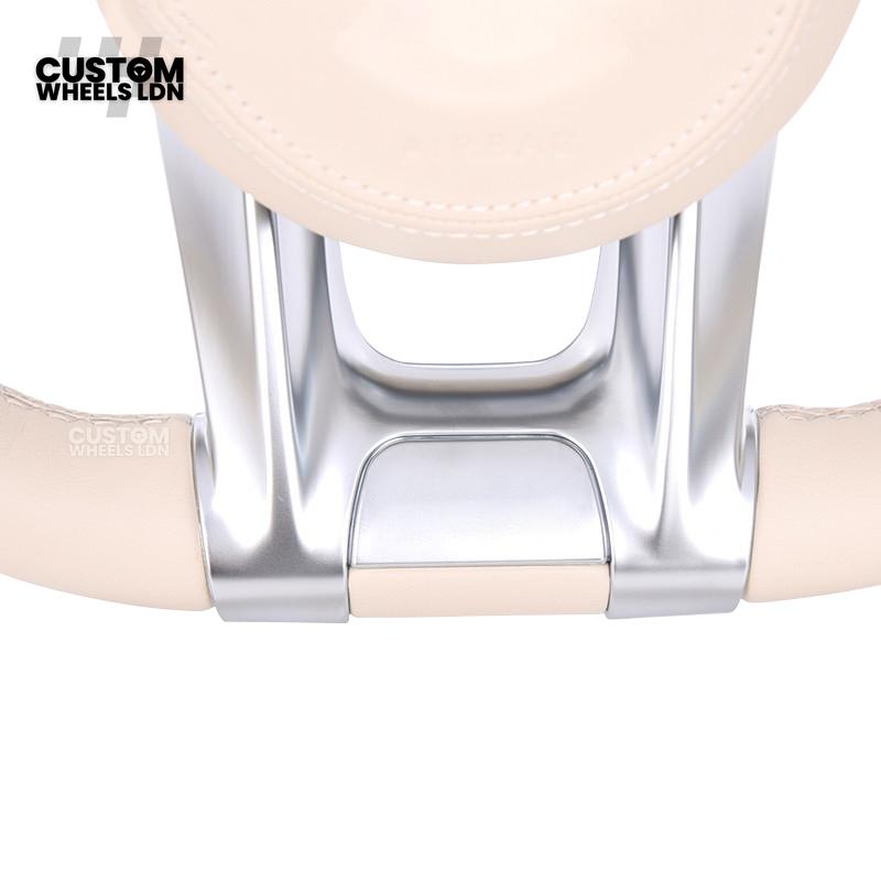 Mercedes Custom AMG Flat Bottom Steering Wheel – Cream Leather, Cream Stripe, Silver Trim, Touch Control Buttons, Silver Paddles | Fits C-Class, E-Class, CLS, GLC, GLE, G-Class + more | Plug & Play | Retrofit Upgrade for Older Models