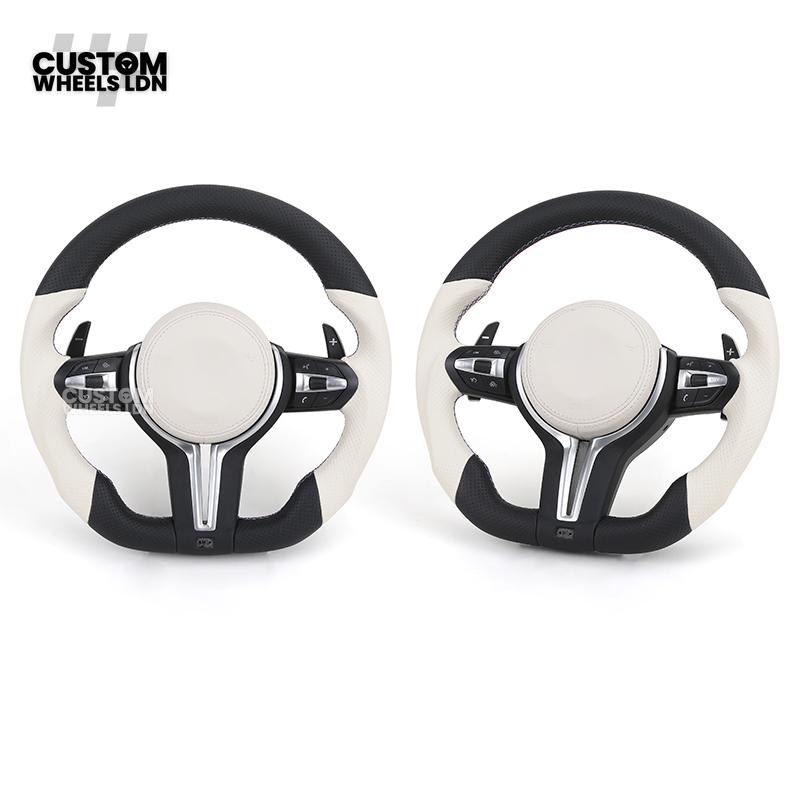 BMW Custom Flat Bottom Steering Wheel – White & Black Perforated Leather with M-Stitching | Fits F20 F22 F30 F32 F36 F10 F06 F13 X1 X3 X4 X5 X6 + More