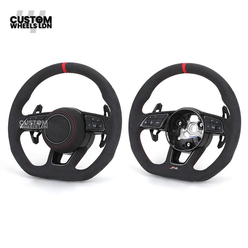 Audi Custom B9 Flat Bottom Steering Wheel – Alcantara Grip, Red Stitching, Red Centre Stripe, Black Paddles, RS3 Badge | Fits A3, S3, RS3, A4, S4, A5, S5, Q5, SQ5 + more | Plug & Play | With Airbag | Upgrade for Older Models Available