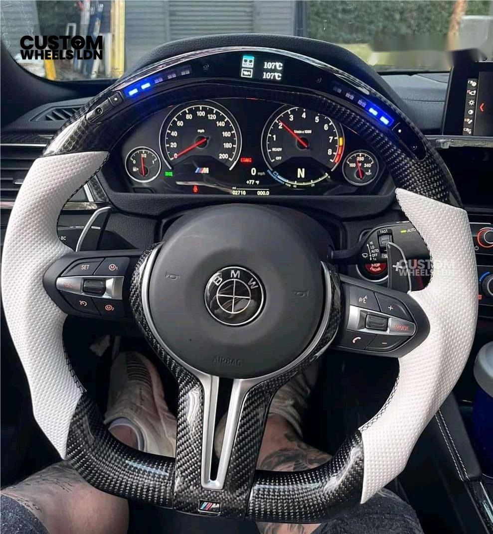BMW Forged Carbon & White LED Steering Wheel | Paddle Shifters | M Badge | Flat Bottom | Plug & Play | Fits 1 2 3 4 5 Series (F & E Series) + more | Complete Wheel