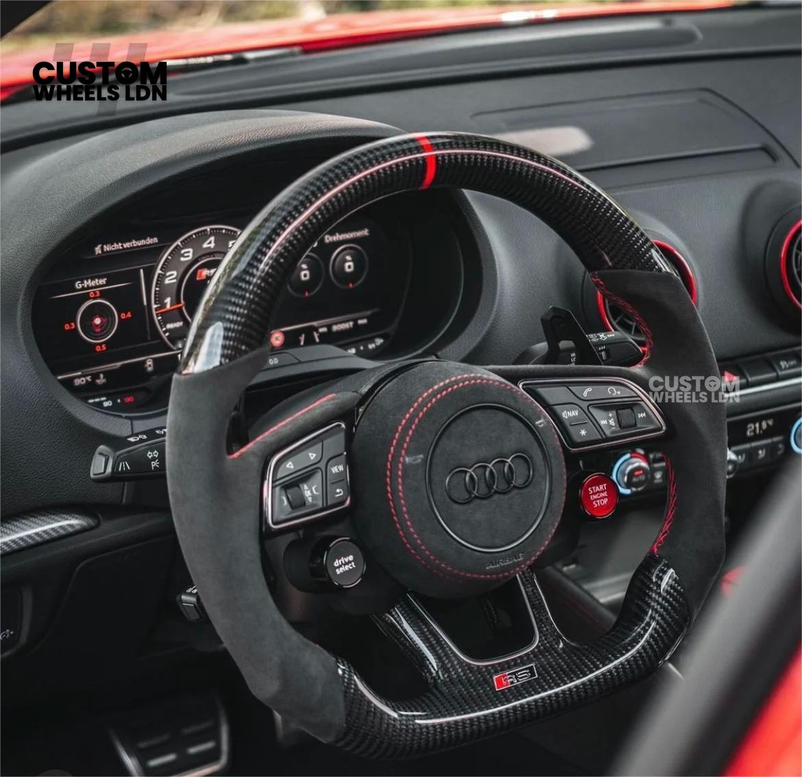 Audi Custom B9 Flat Bottom Steering Wheel – Alcantara Grip, Carbon Top & Bottom, Red Stitching, Black Paddles, Start Button | Fits A4, S4, A5, S5, Q5, SQ5, A6, A7, S6, S7 + more | Plug & Play | With Airbag | Upgrade for Older Models Available