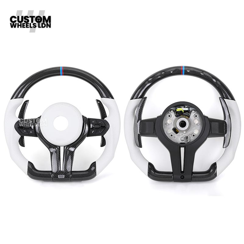 BMW Custom Carbon Fibre Steering Wheel – White Perforated Leather | M-Stripe Marker | Plug & Play | Fits older models