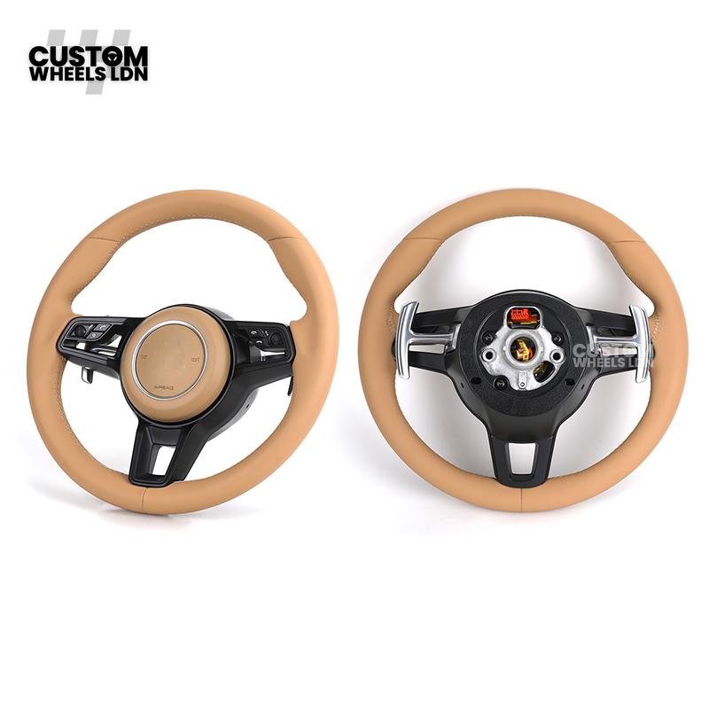 Porsche Custom Steering Wheel – Full Beige Leather with Black Trim | Fits 997, 991, Panamera, Cayenne (2000+ Plug & Play)