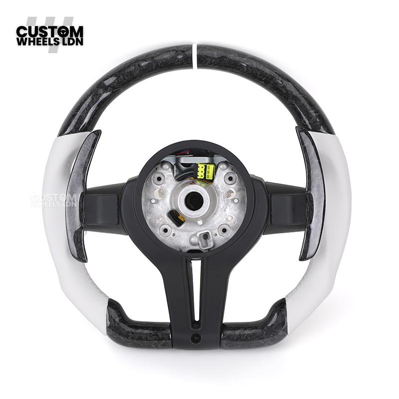 BMW Forged Carbon & White Leather Steering Wheel | Paddle Shifters | M Badge | Flat Bottom | Fits 1 2 3 4 5 Series (F & E Series) + more | Complete Plug & Play