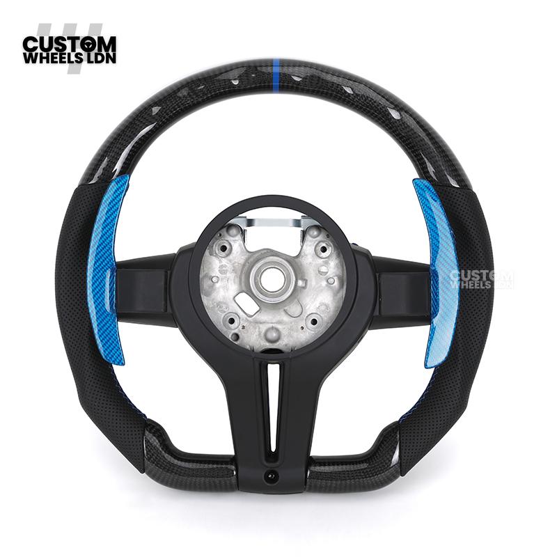 BMW Custom Carbon Fibre Steering Wheel – Blue Trim & Paddles | M Performance | Perforated Leather | Plug & Play | Fits F20, F22, F30, F32, F36, M2, M3, M4, X1, X2 + more