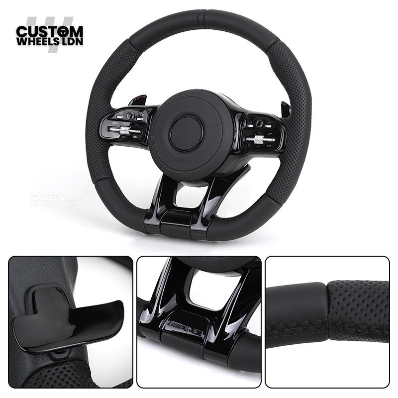 rcedes Custom AMG Flat Bottom Steering Wheel – Full Black Leather, Piano Black Trim, Touch Control Buttons, AMG Badge | Fits C-Class, E-Class, CLS, GLC, GLE, G-Class + more | Plug & Play | Retrofit Upgrade for Older Models