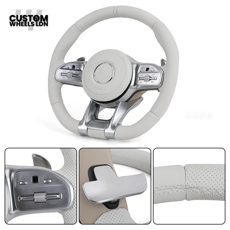 Mercedes Custom AMG Flat Bottom Steering Wheel – White Leather, Perforated Sides, Silver AMG Trim, Touch Buttons & Silver Paddles | Fits W205 C-Class, W213 E-Class, GLC, GLE, CLS + more | Plug & Play | Airbag | Retrofit Upgrade for Older Model Available