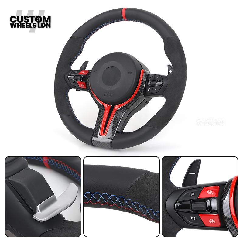 BMW Custom Flat Bottom Steering Wheel – Smooth Leather & Alcantara with Red Trim & Stripe | Fits F20 F22 F30 F32 F36 F10 F06 F13 X1 X3 X4 X5 X6 + More