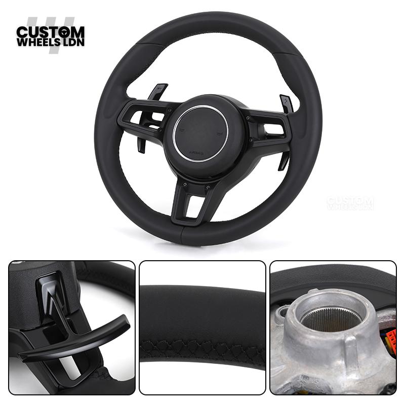 Porsche Custom Steering Wheel – All Black Smooth Leather with Black Trim | Fits 997, 991, Panamera, Cayenne, Cayman (2000+ Plug & Play)