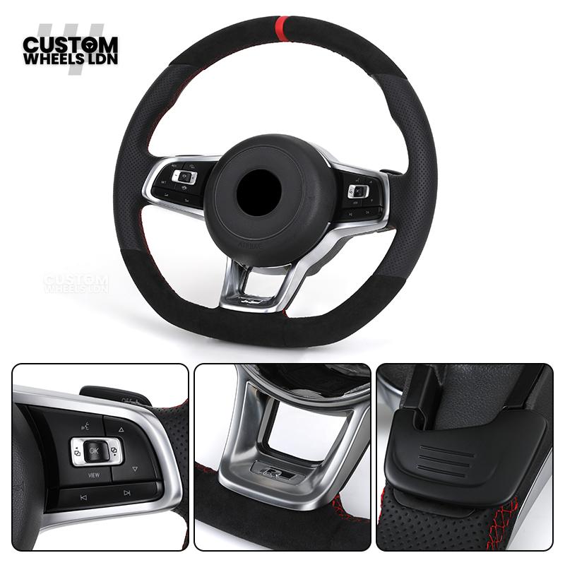 Volkswagen Custom Steering Wheel – Alcantara Top & Bottom, Perforated Leather Grips, Red Stripe, Flat Bottom, OEM Buttons | Fits Golf MK7/7.5, GTI, R, Polo + more | Plug & Play Upgrade