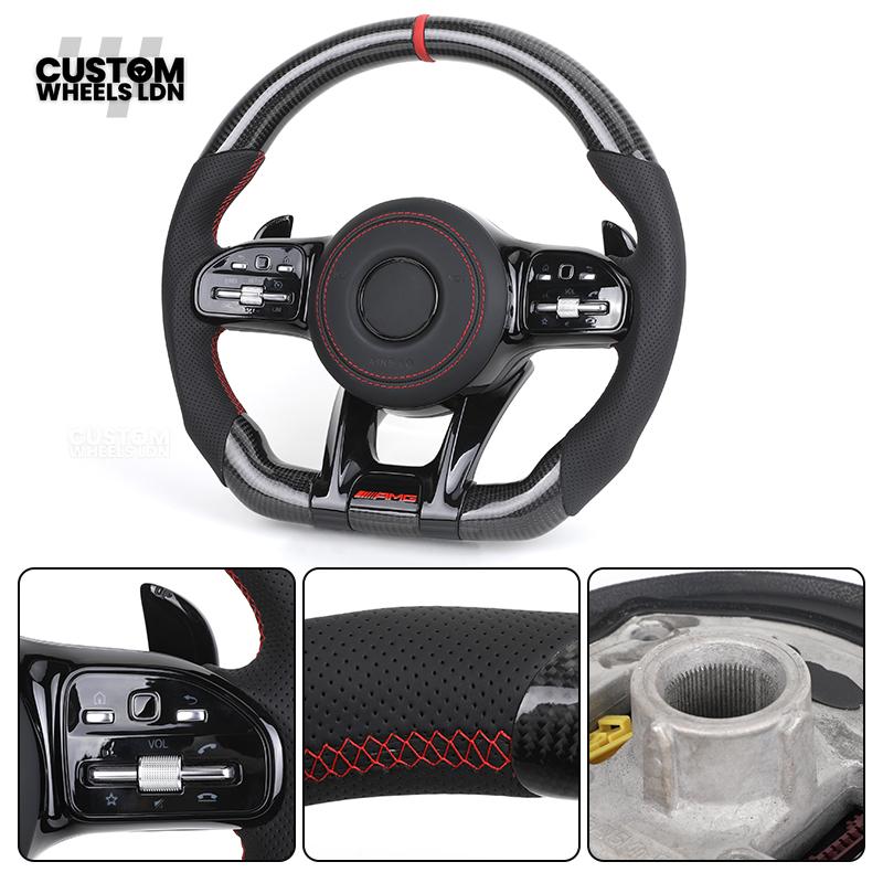 Mercedes Custom Steering Wheel | AMG Style Carbon with Red Stitching & Stripe | Black Trim + Red AMG Badge | Complete Retrofit for Older Models | Fits W205 W204 W212 W213 W218 W207 + more