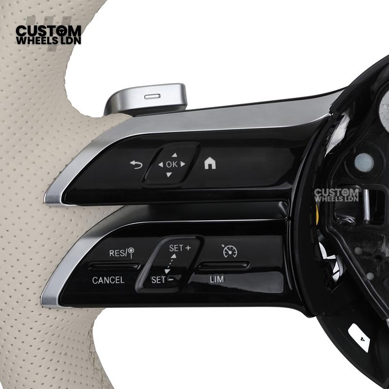 Mercedes Custom W223 Flat Bottom Steering Wheel – Beige Leather, Gloss Black Trim, Touch Control Buttons | Fits S-Class W223, GLE, GLS, E-Class W213 Facelift + more | Plug & Play | With Airbag | Retrofit Upgrade for Older Models Available