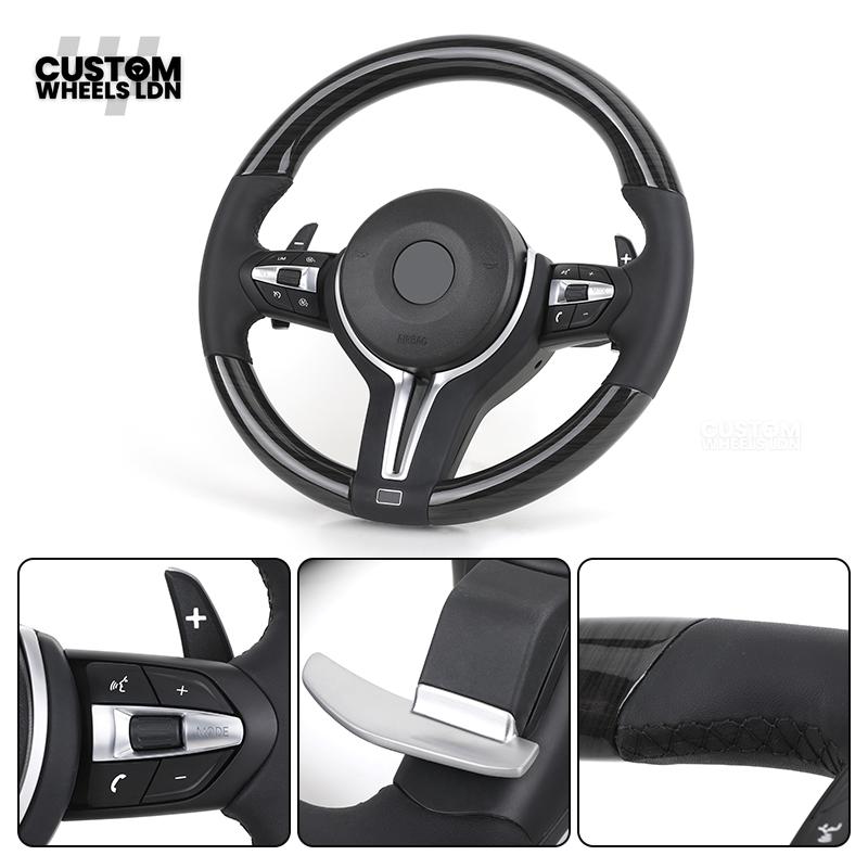 BMW Custom Steering Wheel | Gloss Black Carbon Top and Bottom | Thin Paddles | M Sport | Complete Plug & Play | Fits 1/2/3/4 Series + more