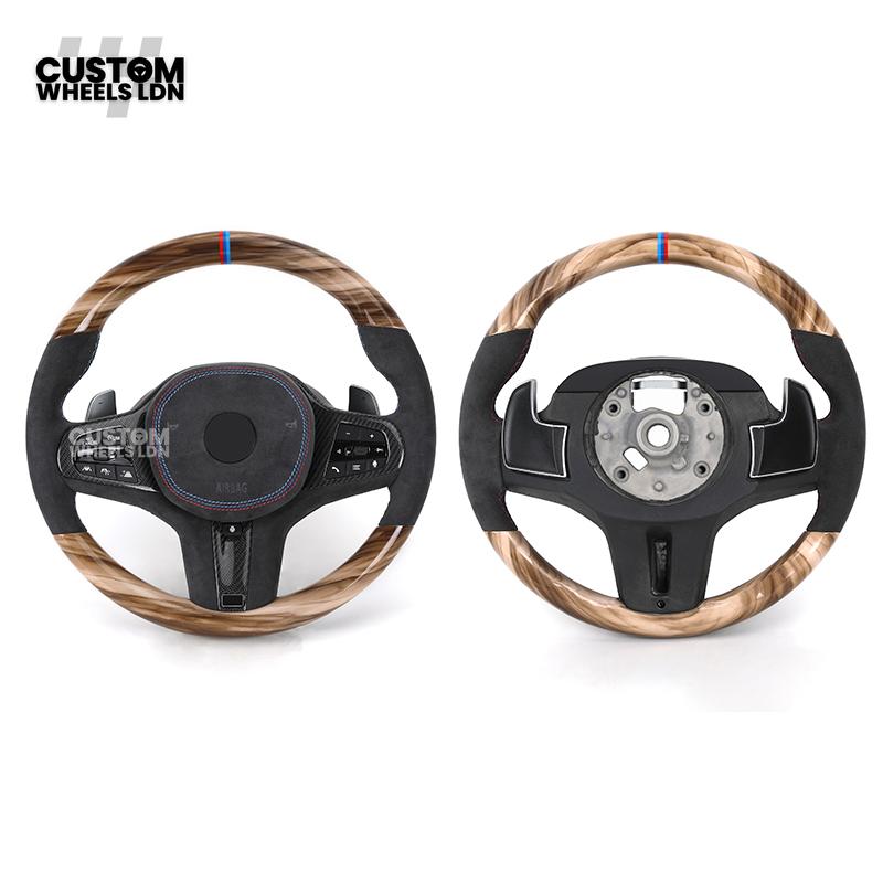 BMW Custom G-Series Steering Wheel – Gloss Wood Carbon, Flat Bottom, Alcantara Airbag – Fits G20 G21 G22 G30 G15 G05 G07 + more