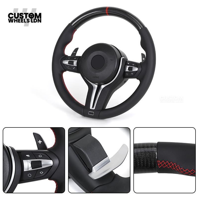 BMW Custom Carbon Steering Wheel – Smooth Leather with Red Stitching & Carbon Top Trim | Fits F20 F22 F30 F32 F10 F06 F13 X1 X3 X4 X5 X6 + Mor