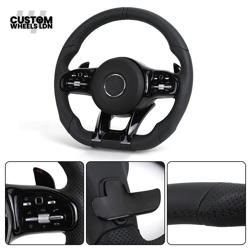 Mercedes Custom AMG Flat Bottom Steering Wheel – Black Leather, Smooth Top & Bottom, Piano Black Trim, Touch Control Buttons, AMG Badge | Fits C-Class, E-Class, CLS, GLC, GLE, G-Class + more | Plug & Play | Retrofit Upgrade for Older Models