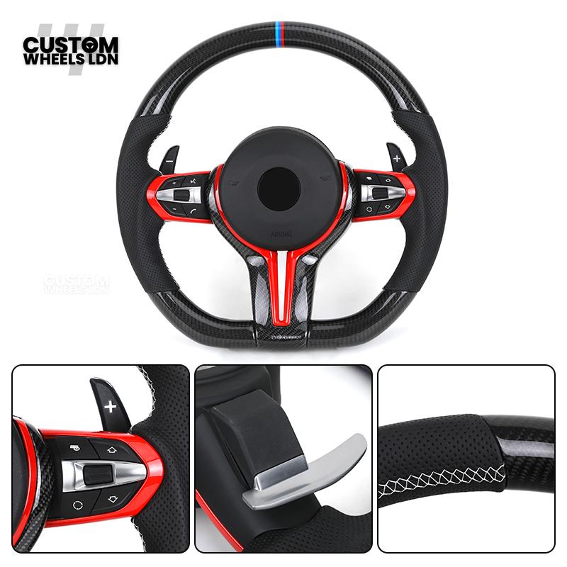 BMW Custom Carbon Fibre Steering Wheel – Red Trim | Perforated Leather | M Stripe | Plug & Play | Fits 1 Series F20, 2 Series F22, 3 Series F30, 4 Series F32, M2, M3, M4, X1 F48, X2 F39, Z4 G29 + more