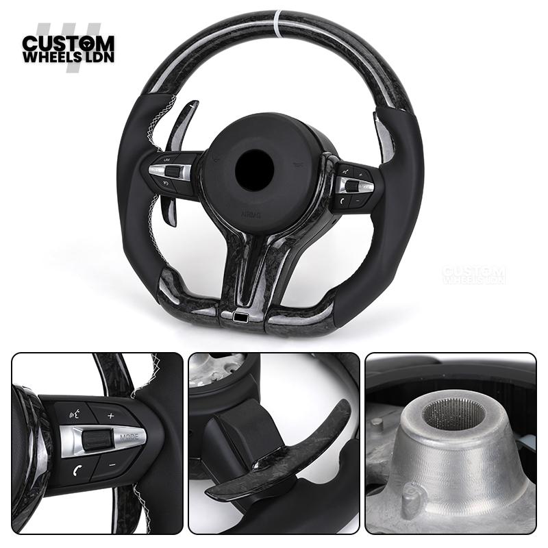 BMW Custom Forged Carbon Steering Wheel with Perforated Leather & White Racing Stripe | Plug & Play | Complete Wheel | Fits F20 F21 F22 F23 F30 F31 F32 F33 F36 F80 F87 E82 E88 E90 E92 E93 + More