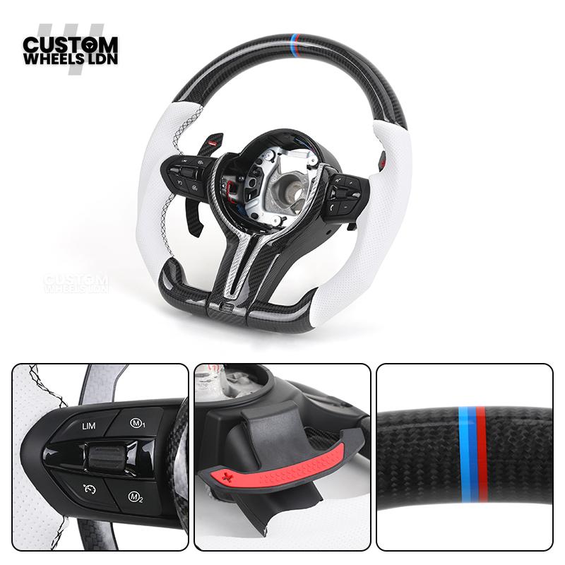 BMW Custom Carbon Fibre Steering Wheel – White Perforated Leather | M-Stripe Marker, Magnetic Paddle Shifter's | Plug & Play | Fits older models