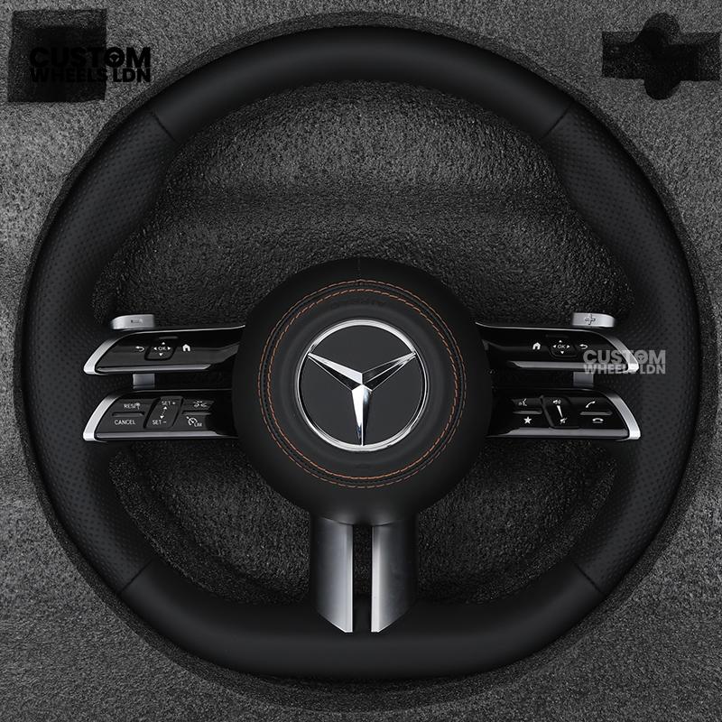Mercedes Custom W223 Flat Bottom Steering Wheel – Black Leather, Tan Stitching, Silver Trim, Touch Control Buttons | Fits S-Class W223, GLE, GLS, E-Class W213 Facelift + more | Plug & Play | With Airbag | Retrofit Upgrade for Older Models Available